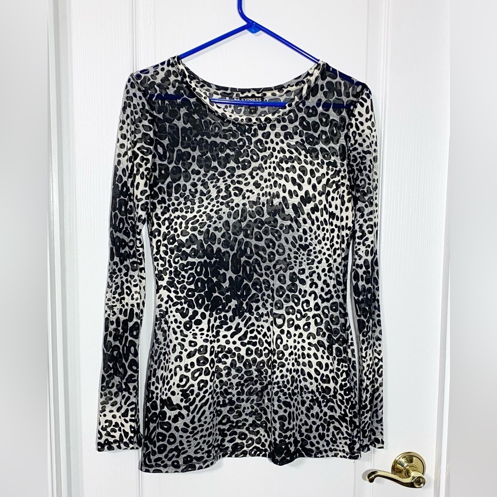 Y2K VTG Express Leopard Print Burnout Long Sleeve Fitted Tee Black White Large